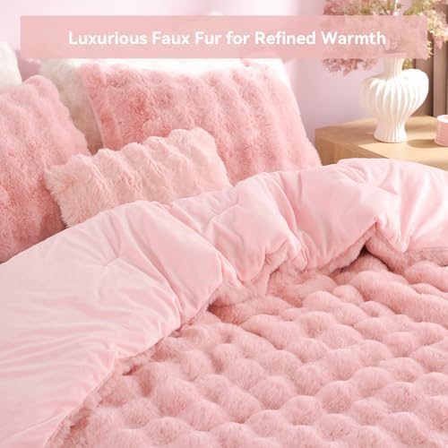 YIKUSH Twin Faux Fur Soft Comforter Set, Fluffy Pink Rabbit Fur Comforter