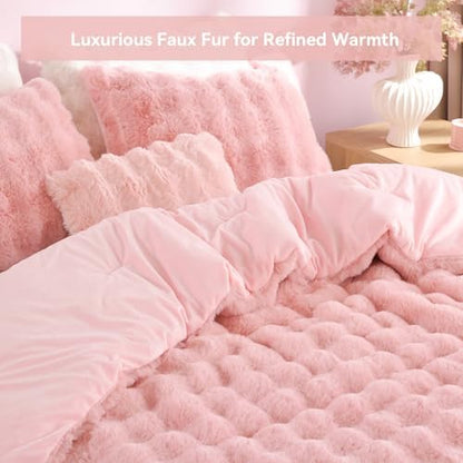 YIKUSH Twin Faux Fur Soft Comforter Set, Fluffy Pink Rabbit Fur Comforter