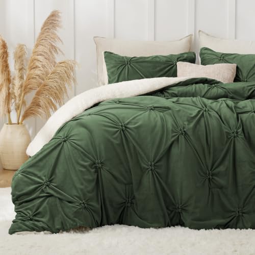 BEDELITE Fluffy Sherpa King Comforter Set,Pintuck-Olive Green