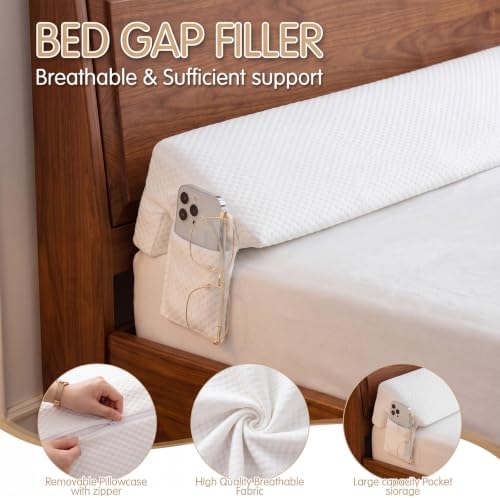 Novabright 60"x8"x5" Bed Wedge Pillow Gap Filler for Headboard Gap Filler Bed Wedge Pillow with Side Pocket Gaps Mattress Wedges Gaps Fillers to Stop Items Falling Down, Removable & Washable (White)