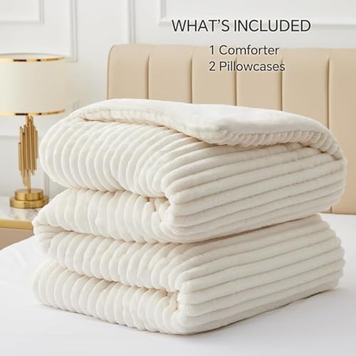 BEDELITE Fleece Oversized Queen Comforter Set, Fluffy Bed Set, Cream White