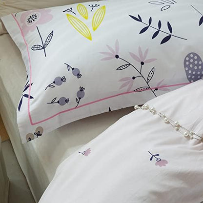 mixinni Girls Duvet Cover Twin Size Blossom Duvet Cover Cotton Flower White Floral Printed Pink Duvet Cover Set Flower Leaves Pattern Bedding with Zipper Closure for Teenage Girls