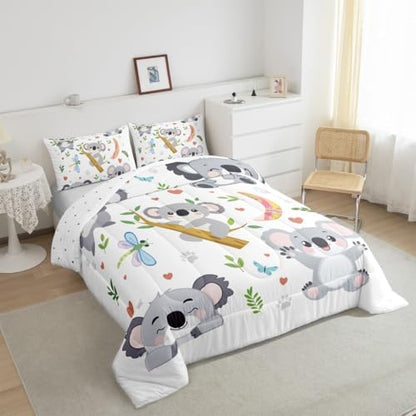 Cute Koala Comforter Set King Size,Kawaii Cartoon Animal Bedding Sets for Kids Girls Boys Adult Room Decor,Tropical Leaves Down Comforter Butterfly Dragonfly Paw Print Quilt Set,2 Pillowcases