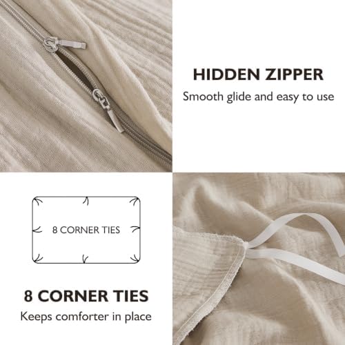 EMME Muslin Cotton Duvet Cover Set Linen Like Beige Queen