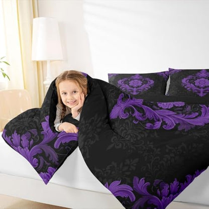 Feelyou Purple Gothic Bedding Set Soft for Boys Girls, Vintage Damask Boho Comforter Set Full Size Exotic Victorian Duvet Quilt Microfiber Bedroom Decor 3 Pcs with 2 Pillow Cases