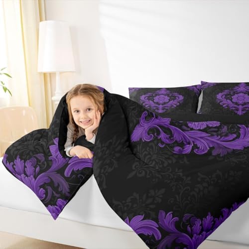 Feelyou Purple Gothic Bedding Set Soft for Boys Girls, Vintage Damask Boho Comforter Set King Size Exotic Victorian Duvet Quilt Microfiber Bedroom Decor 3 Pcs with 2 Pillow Cases