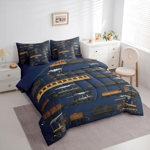 Erosebridal 7 Pcs Navy Steam Train Comforter Set for Boys Kids Travel Locomotive Train King Bedding Set with Sheets for Teens Men Vintage Transport Vehicle Bed in A Bag Steampunk Railway Bed Sets