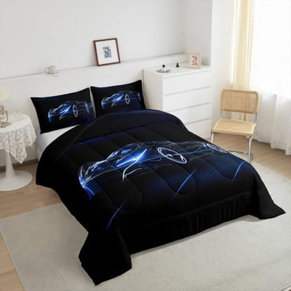 Feelyou Blue Race Car Bedding Set Queen Size for Kids Teens