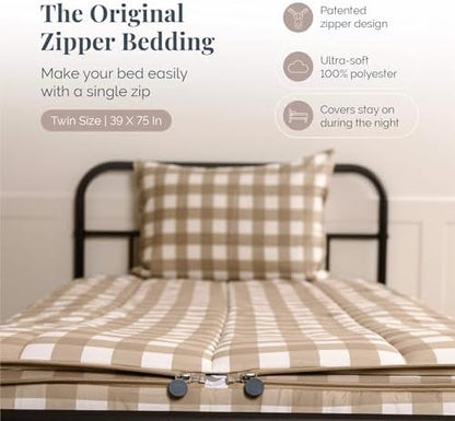 Beddy's Tan Checkered All-in-One Zipper Bedding Set for Kids/Teens - Twin