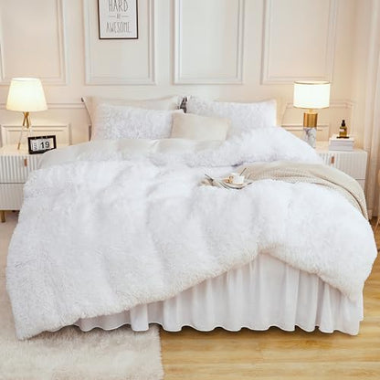 Andency White King Size Comforter Set, Fluffy Faux Fur Warm Bedding Set