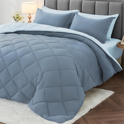MUXHOMO 7 Pieces King Comforter Set, Reversible Bed in a Bag King Size, All Season Bedding Set with Comforter, Flat Sheet, Fitted Sheet, Pillowcases & Shams, Mineral Blue & Light Blue