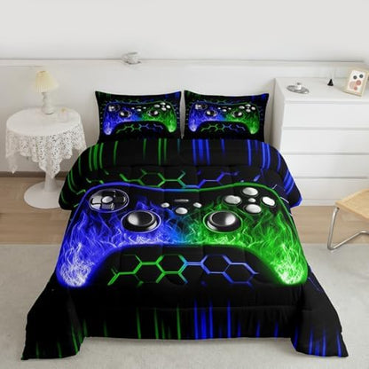 Erosebridal Ombre Art Honeycomb Gamer Comforter Sets for Boys Blue Green Neon Lights Game Console Queen Bedding Sets Geometric Hexagon Beehive Duvet Insert Gaming Decor for Boys Bedroom Decor