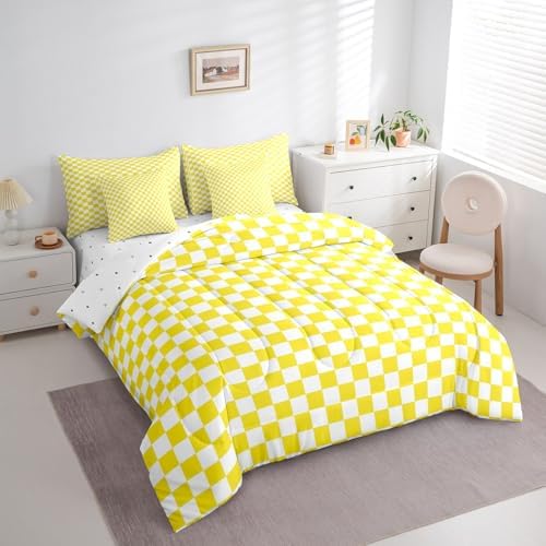 jejeloiu Yellow and White Bedding Set 7Pcs Queen Size Kids Plaid Checkered Comforter Set with Sheets for Boys Girls Classic Grid Buffalo Check Bed in a Bag Soft Lightweight,Microfiber