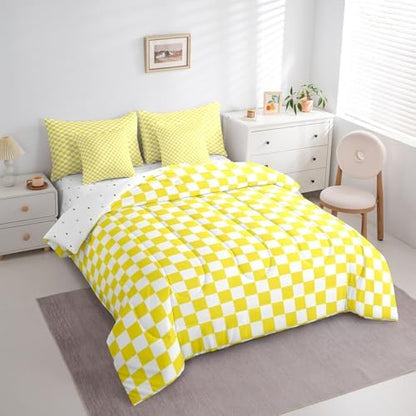 jejeloiu Yellow and White Bedding Set 7Pcs Queen Size Kids Plaid Checkered Comforter Set with Sheets for Boys Girls Classic Grid Buffalo Check Bed in a Bag Soft Lightweight,Microfiber