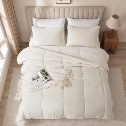 Fluffy Sherpa California King Comforter Set, Thick Bedding Set 3PC, Cream