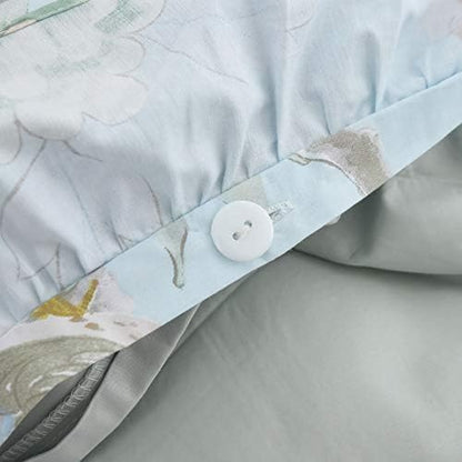 FADFAY Farmhouse Floral Bedding Shabby Blue Bird Print French Countryside Chic Bedding Set Luxury Bedskirt Collections 800 Thread Count 100% Egyptian Cotton, 4 Piece-Queen Size