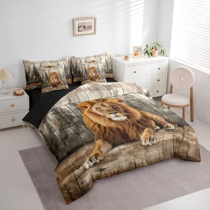Erosebridal 3D Lion Bed in A Bag 7 Pcs Wildlife Hunting Theme Comforter Set for Kids Teens Forest Pine Tree Bedding Sets Queen Country Woodland Animal Sheet Set with Comforter