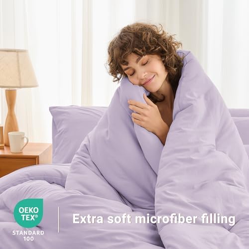 MUXHOMO 7 Pieces Oversized King Comforter Set, Soft Bed in a Bag Oversized King Size, All Season Bedding Set with Comforter, Flat Sheet, Fitted Sheet, Pillowcases & Shams, Lavender