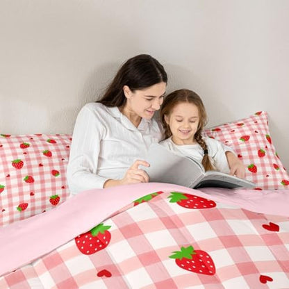 Kawaii Strawberry Comforter Set - Full Size Pink Bedding for Girls - 3 Pcs: Comforter, Duvet Insert, Striped Quilt