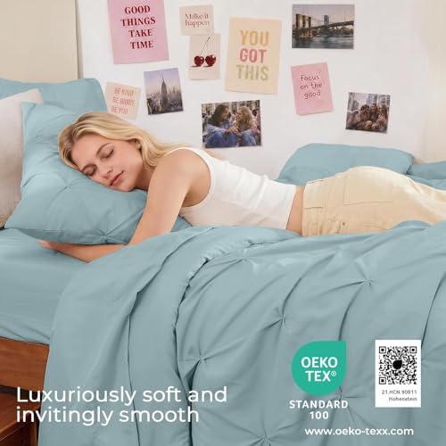 Sasttie Twin XL Comforter Set, 5-Piece Bed in a Bag, Pintuck Bedding Sets for All Season, Includes Comforter, Flat Sheet, Fitted Sheet, Pillowcase and Pillowsham, Greylish Blue
