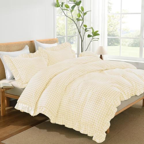 Andency Yellow Gingham Duvet Cover King, Ruffle Shabby Bedding Set 3 Pcs
