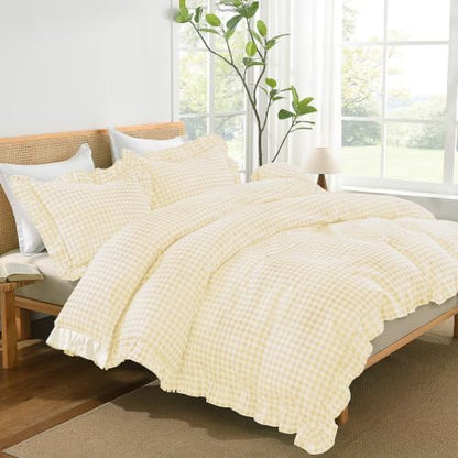 Andency Yellow Gingham Duvet Cover Queen, Ruffle Shabby Bedding Set 3 Pcs