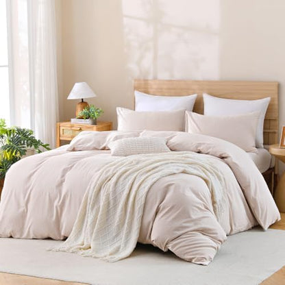 TOCOMOA Brown Striped Duvet Cover Set 100% Washed Cotton Like Linen, King