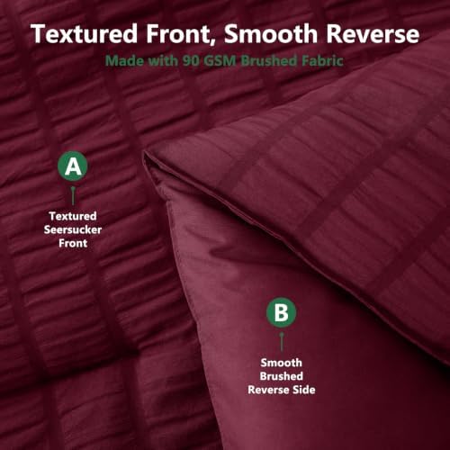 HIMEET King Comforter Set, 7-Piece Seersucker Bed in a Bag, Burgundy