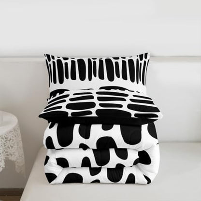 jejeloiu Modern Geometric Bedding Set Soft for Boys Girls, Black White Abstract Comforter Set Full Size Boho Duvet Quilt Microfiber Luxury Bedroom Decor 3 Pcs with 2 Pillow Cases