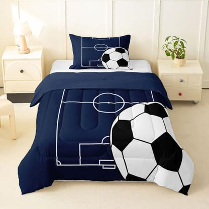 Castle Fairy Football Kids Comforter Set,Boys Soccer Sports Theme Bedding Set All Season,Football Court Blue White Comforter 2 Pcs with 1 Pillowcase,Ball Playground Quilt Bedroom Decor,Toddler Size