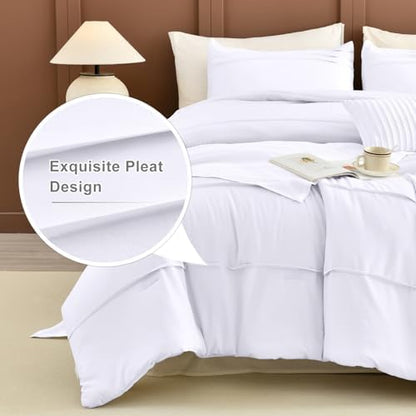 Masaca Oversized King Comforter 128x120,White Pinch Pleat Bedding Comforter,3 Pieces Vintage Farmhouse Lightweight and Soft Boho Bedding Set for All Season