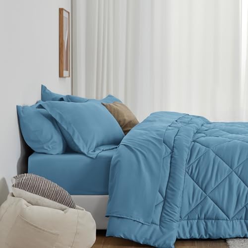 Love's cabin King Size Comforter Set Misty Blue, 7 Pieces King Bed in a Bag, All Season Bedding Sets with 1 Comforter, 1 Flat Sheet, 1 Fitted Sheet, 2 Pillowcase and 2 Pillow Sham