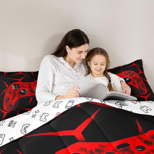 Feelyou Gamer Bedding Set Gamepad Comforter Set for Kids Boys Girls Teens Room Decor Gaming Gifts Comforter King Size Game Controller Red Duvet Set 3Pcs