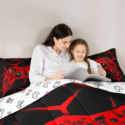 Feelyou Gamer Bedding Set Gamepad Comforter Set for Kids Boys Girls Teens Room Decor Gaming Gifts Comforter King Size Game Controller Red Duvet Set 3Pcs