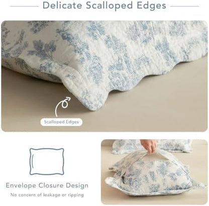 Lady Ann 100% Cotton Oversized King Bedspread 120x120, Light Blue Floral Pattern Printed Quilted Quilt Set with Scalloped Edge, 3 Pcs Extra Large Bed Bedding Set