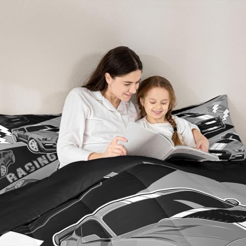 Erosebridal Race Car Bedding Set for Boys Teens Kids Black Grey Racing Car Comforter Set King Size,Cool Sports Car Quilt Bed Set Bedroom Decor for Boys Girls Race Cars Gamer Comforter Sets 3Pcs