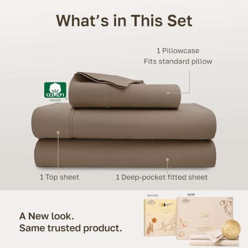 California Design Den 100% Cotton Sateen Twin Size Sheet Set, 3 Pcs, Mocha