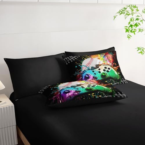 7Pcs Comforter Set Gamepad Baseball Printed Bedding Set with 1 Comforter, 1 Flat Sheet, 1 Fitted Sheet and 4 Pillowcases for Boys and Girls Bedroom (Gamepad-3 Full