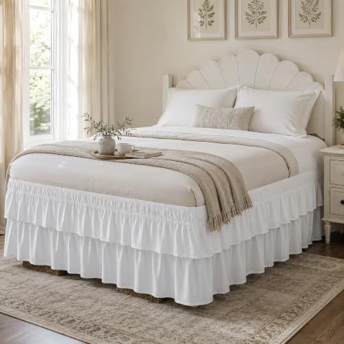 RIMELA Queen Size Ruffle Bed Skirt 14 Inch Drop - White Double Layered Wrap Around Dust Ruffle, Romantic Cute Design Bedskirt with High-Density Fabric, Soft Stretchy, Easy Install for Queen Bed