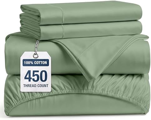 450TC 100% Cotton Full Sheets - Silky Smooth Sateen Weave, Iceberg Green