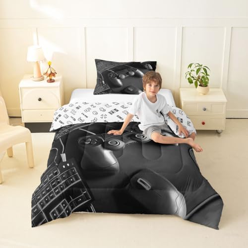 Feelyou Gamer Comforter Set Twin Size Gaming Bedding Set for Kids Boys Girls Game Room Decor Duvet Quilt Gamepad Bedroom Decor Black Microfiber 2 Pcs with 1 Pillow Cases