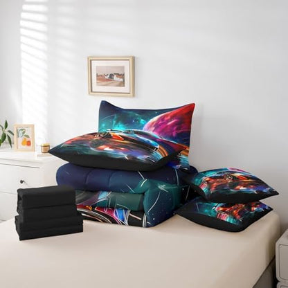Erosebridal Boys Race Car 7 Pieces Bedding Set Queen Size,Extreme Sports Gaming Bed in a Bag,Cool Speed Car Bed Set Includes Comforter,Sheet Set,Pillowcases & Pillow Covers,Planet Galaxy Bedroom Decor