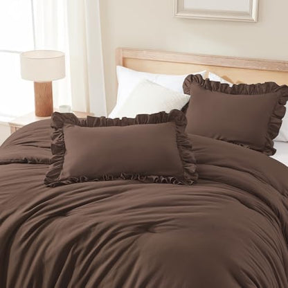 Andency Brown Ruffle Comforter Oversized Queen, 3 Pcs Solid Farmhouse Bed