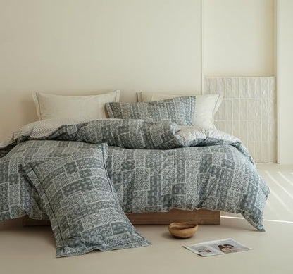 Grey Patchwork Comforter King Size - 100% Cotton Striped Reversible Comforter Set, Soft and Breathable Bedding Set for All Season, 3 Pieces