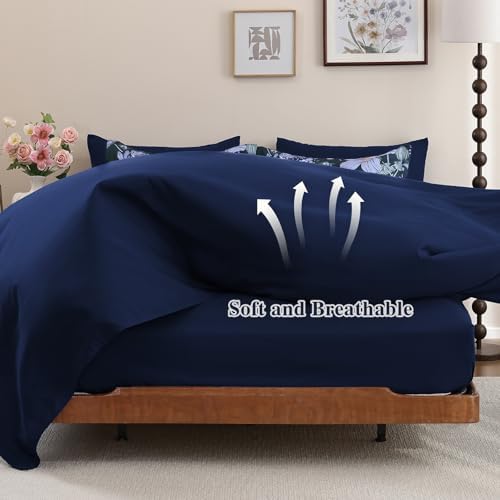 Luxudecor Queen Floral Comforter Set-7 Pieces Bed in a Bag,Colorful Flowers Print on Dark Blue Bedding Set,Soft Microfiber Comforter with Sheets for All Seasons (Dark Blue,90"x90")