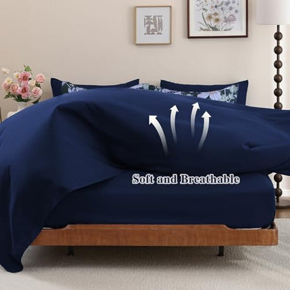 Luxudecor Queen Floral Comforter Set-7 Pieces Bed in a Bag,Colorful Flowers Print on Dark Blue Bedding Set,Soft Microfiber Comforter with Sheets for All Seasons (Dark Blue,90"x90")