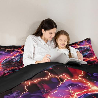 Feelyou Sports Car Comforter Set Toddler Size Lightning Bolts Bedding Set for Kids Boys Girls Race Car Duvet Quilt Speed Sports Games Bedroom Decor Cool Modern Microfiber 2 Pcs with 1 Pillow Cases