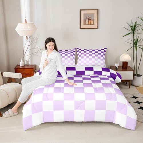 Feelyou Checkered Bedding Set for Boys Girls Modern Geometric Gradient Purple Comforter Set Twin Size Cute Neutral Plaid Duvet Quilt Vintage Aesthetic Bedroom Decor 2 Pcs with 1 Pillow Cases