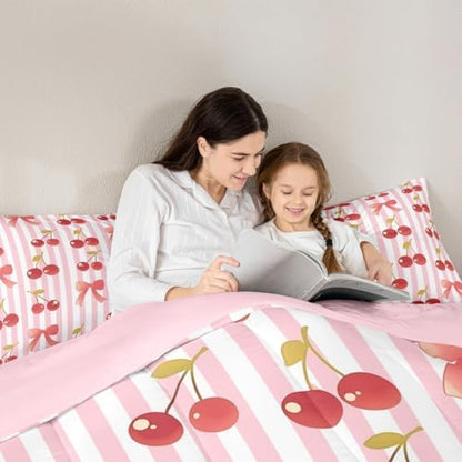 jejeloiu Pink Bow Kids Comforter Set Toddler Size Colourful Bowknot Bedding Set Fruit Duvet Quilt for Kids Boys Girls Bedroom Cherry Decor Microfiber Ultra Soft Breathable