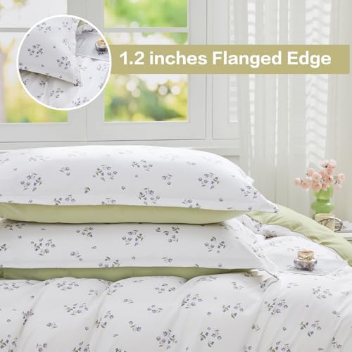 SAPHREAS King Duvet Cover White Cute Floral Bedding Set with 8 Corner Ties and 2 Pillow Shams Microfiber Reversible Duvet Cover Set with Zipper Closure?Green